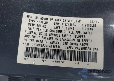 2015 Honda Accord Lx z USA, uszkodzony, nr VIN 1HGCR2F31FA199595